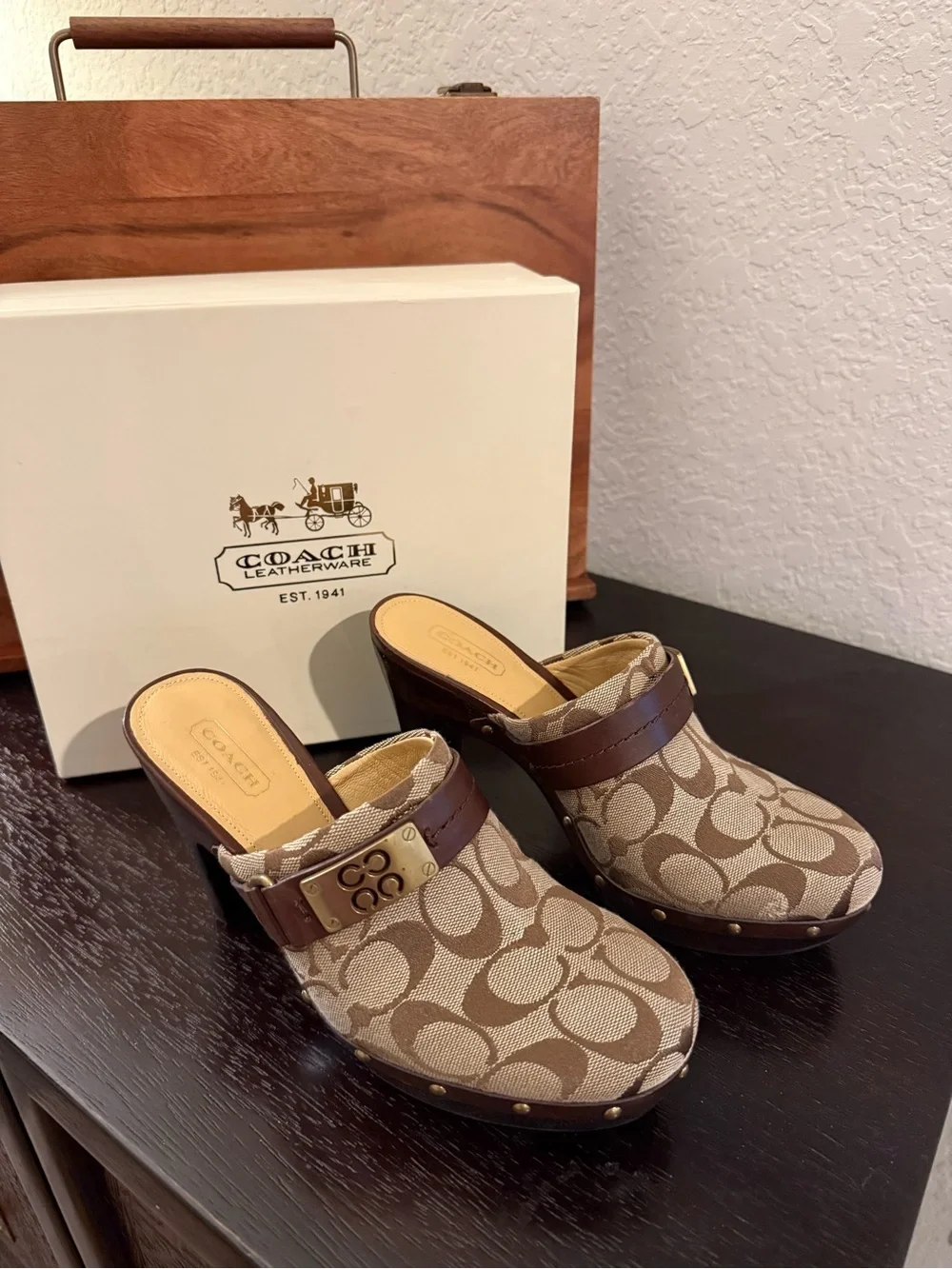Coach Brown & Beige Signature Canvas Clog Mules